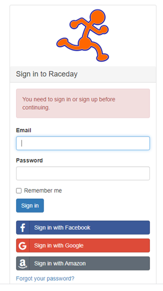 RaceMenu Raceday web login screen